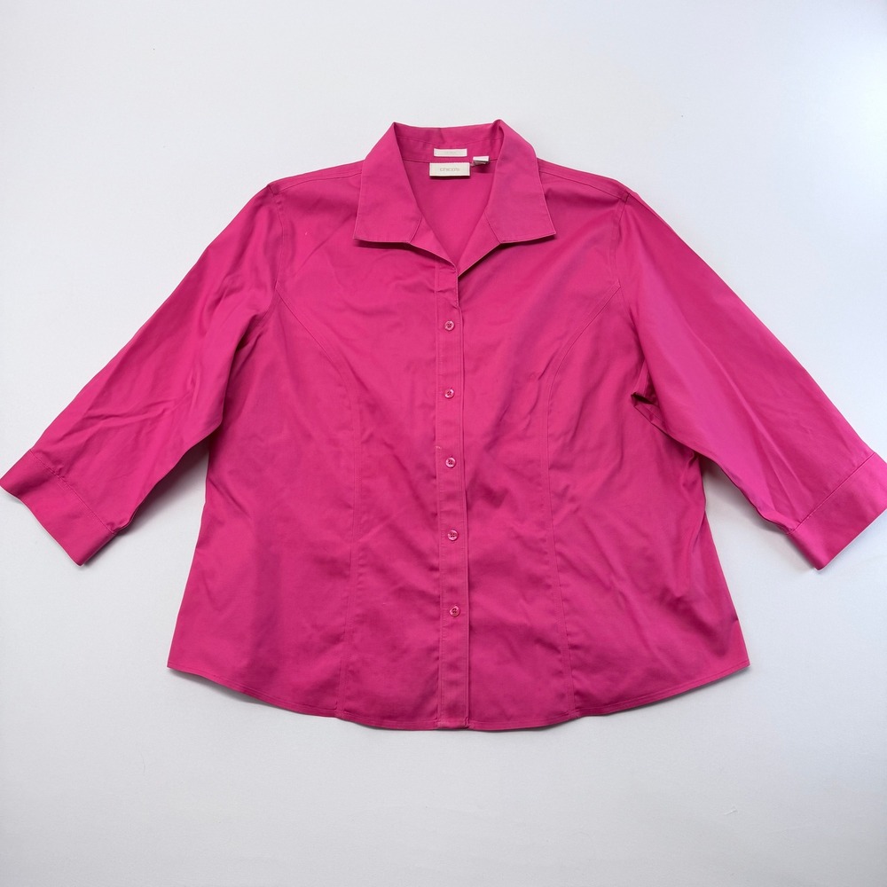 Chicos No-Iron Pink Button Down Shirt 3/4 Sleeve Cotton Blouse Size 3 XL